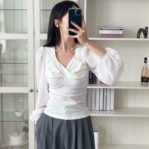 브이와이 여자 편한 꼬임 민무늬 잔주름 V넥 블라우스