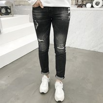 용된다 남자 봄 흑청 워싱 디스트로이드 데님 청바지