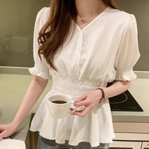 블라우스 쇼핑몰 흰색 페플럼 블라우스 소매 밑단 프릴