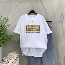 행복여 스퀘어 골드 레터링 캐쥬얼 루즈핏 반팔 티셔츠