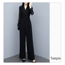 티피/Teepie 블랙 여성 긴팔 정장 쉬폰 와이드 점프슈트