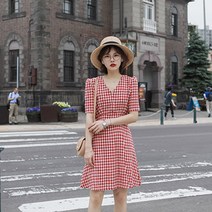 메이든 반팔 체크 원피스 브이넥 버튼원피스