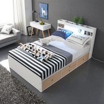 케이컴퍼니 이음LED수납헤드 더블 서랍침대세트(독립포켓 40T토퍼매트리스), 화이트메이플