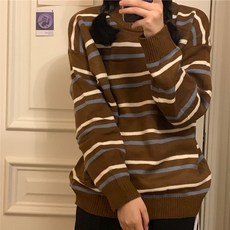kirahosi 스타일리시 니트 셔츠 루즈핏 여성 스웨터 라운드넥 스트라이프 335호+덧신증정 Qoln12i
