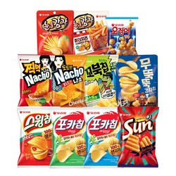 오리온 스테디셀러 스낵 모음B 10종+1종 증정 (11개) 포카칩 스윙칩 썬 나쵸 무뚝뚝감자칩 눈을감자 꼬북칩 오징어땅콩, 1세트, 스낵B
