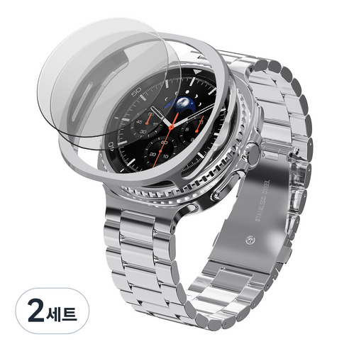 칸탐 갤럭시워치 클래식 메탈스트랩 케이스 강화유리 2p 세트, 실버, 2세트