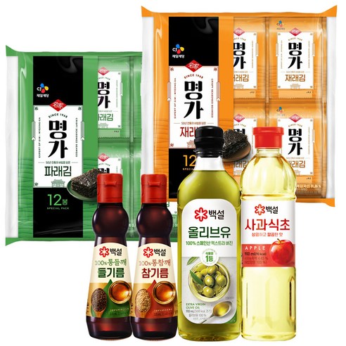 CJ효도키트 부모님 선물(통참깨참기름320ml+통들깨들기름320ml+압착올리브유900ml+사과식초900ml+명가재래김4G+명가파래김4G)