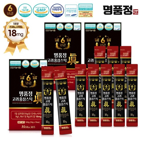 명품정 6년근 고려 홍삼 스틱 진 실속형 1포당 진세노사이드 18mg, 10g, 30개