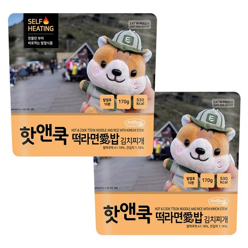 핫앤쿡 떡라면애밥 김치찌개 비화식 발열도시락 전투식량 등산도시락 간편식, 170g, 2개