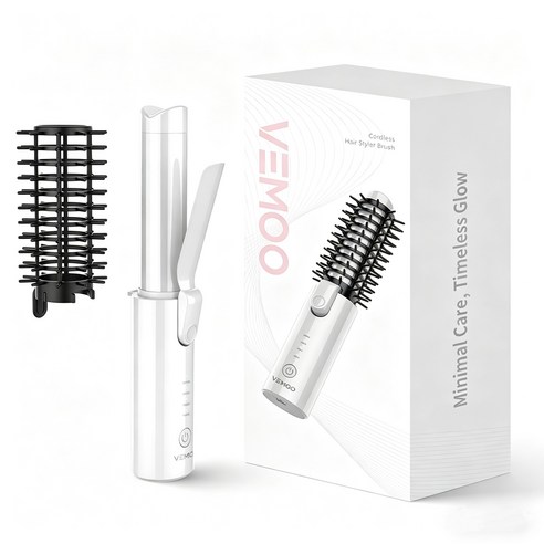 VEMOO 2IN1 무선 고데기 봉고데기 32mm 컬링 브러쉬 빗 고데기 뿌리볼륨 웨이브 휴대용 헤어스타일링, 화이트, C101-W