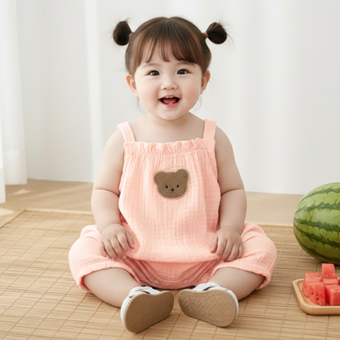 몽실이 거즈면 나시오버롤즈세트 가디건 모자 세트 귀여운 아기 여름 외출복