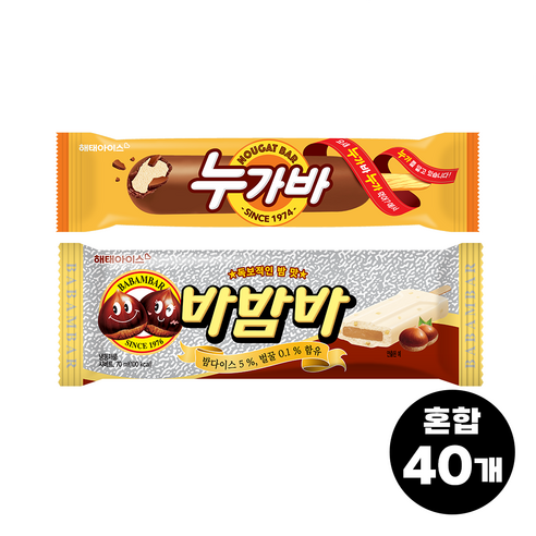 빙그레 해태아이스 누가바 20개 + 바밤바 20개, 70ml, 40개