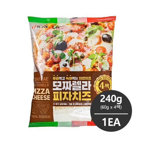 빙그레 모짜렐라 피자치즈 240g (60g x 4팩) 1개 냉장 무배, 1개, 240g