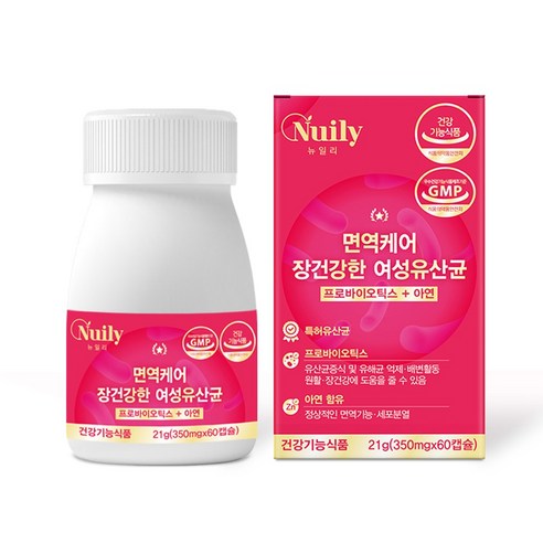 면역케어 장건강한 여성유산균 350mg 60캡슐 프로바이오틱스 아연 면역 장건강 여성 유산균 건강기능식품 뉴일리 띵스팟, 1개, 60정