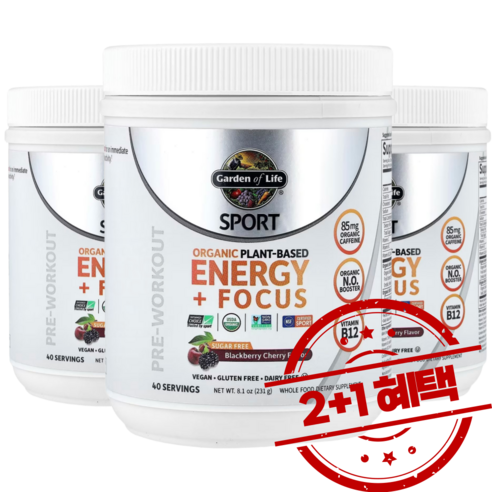 2+1 가든 오브 라이프 스포츠 식물성 에너지 운동전 보충제 블랙베리 체리 맛 231g 약들약 메디슨맨 / 해외직구 미국정품, 231, 3개