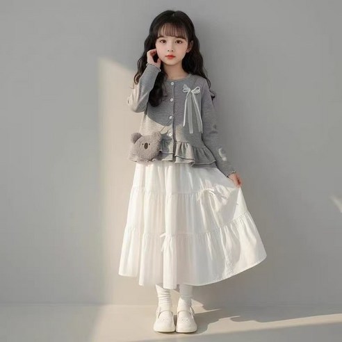 해피유통 소녀 귀여운 리본 장식 가디건 + 레이어드 롱 스커트 상큼한 캐주얼 세트 디자인14세 이상