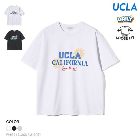 UCLA 남여공용 미국감성 프린팅 반팔티셔츠 세미오버핏 세미루즈핏 포인트로고 면폴리혼방 건조기에강한 데일리 학생코디 데일리 직장인 추천 여름티셔츠