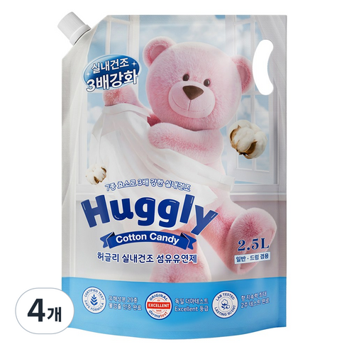 허글리 실내건조 섬유유연제 코튼캔디 리필, 4개, 2.5L