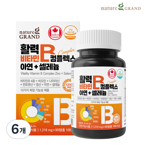 네이처그랜드 활력 비타민B 컴플렉스 아연 셀레늄 90일분 고함량 수용성 10중복합기능성, 90정, 6개