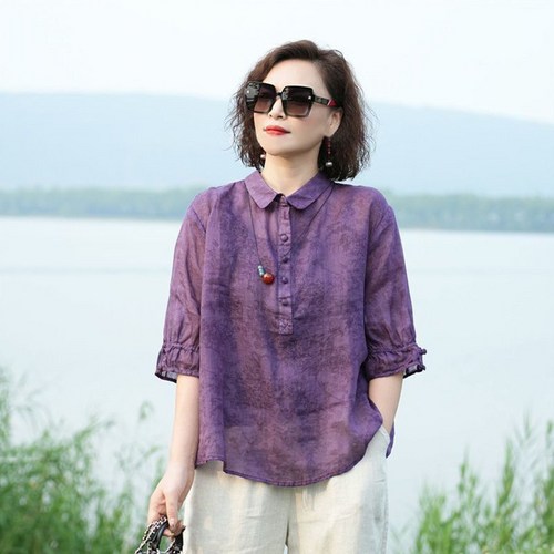 여성 벌룬 소매 면마 블라우스 여성 면마셔츠 블라우스 빅사이즈여성의류 통기성/ 탄력감 /부드러움