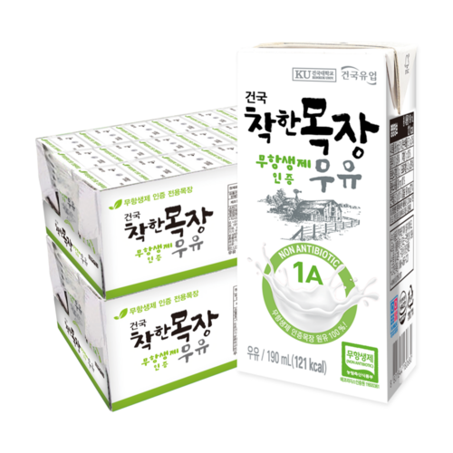 [건국유업] 착한목장 무항생제 멸균우유, 190ml, 48개