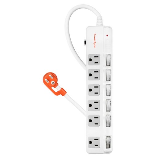 PowerSync 群加 6開6插斜面開關防雷擊抗搖擺延長用電源線組 3孔 TPS366BN9018, 1.8m, 白色, 1組
