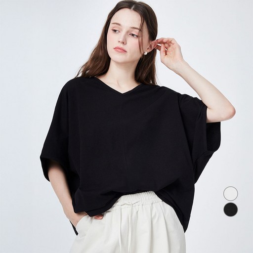 ELLE PARIS 여성용 루즈핏 브이넥 가오리 반팔 티셔츠