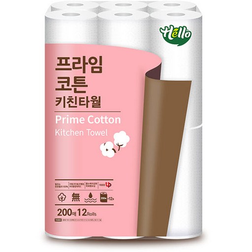 헬로 프라임코튼 천연펄프 키친타올 200매 12개입 1개부드럽고 흡수력 강한 천연펄프 키친타올!