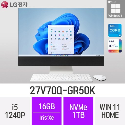 LG 일체형PC 27V70Q-GR50K 윈도우11 27인치 인텔 12세대 사무용 인강용 재택근무용 일체형PC, 1TB, 16GB, Win11 Home