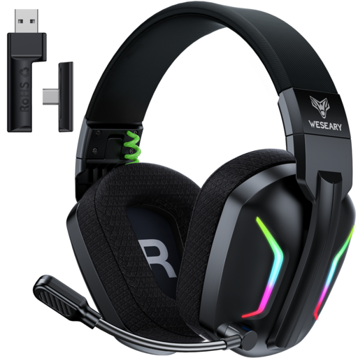 WESEARY 무선 게이밍 헤드셋 가상 7.1채널 듀얼 EQ 모드 초경량 2.4GHz 3D 사운드 노이즈 캔슬링 마이크
