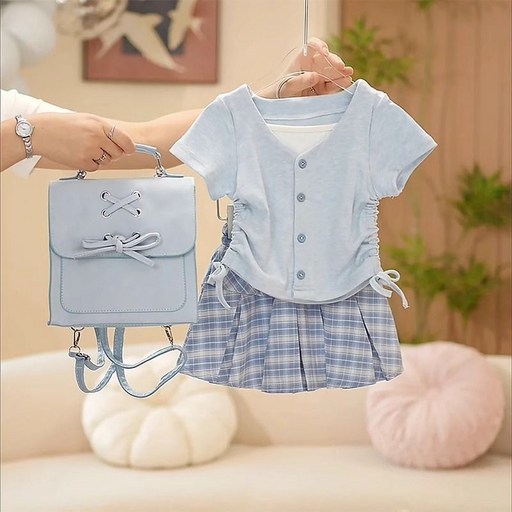 해피유통어린이 여아 캐주얼 반팔 상의와 체크 스커트 세트14세 이상 XG03