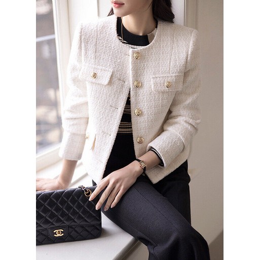 스타일온미 루이스엔젤  리즈헨 소프트 울 블렌딩 골드 펄 트위드 노카라 자켓