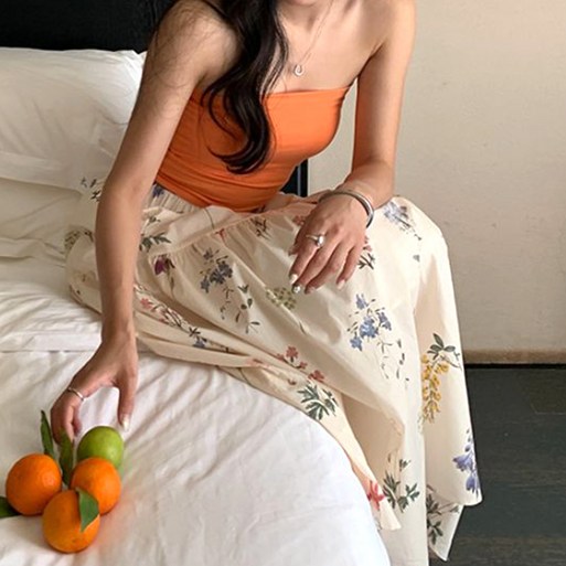 네모엔룩 코튼벨플라워 여성용 나염 프린팅 허리밴딩 A라인 캐주얼 플레어 롱 스커트