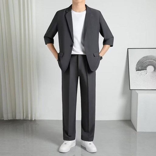남자 여름 정장 세트 빅사이즈 루즈핏 얇은 반팔 재킷  와이드 팬츠 고급 남성 세미 정장 세트 YJW