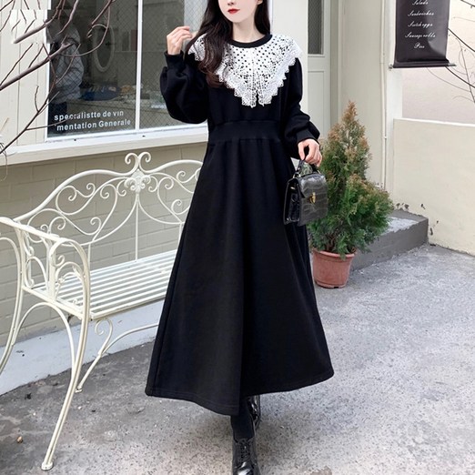 메이첼 벨벳 레이스 카라 레트로 롱 원피스 00370 빅사이즈 포함
