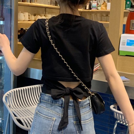 더플로우커머스 여성용 데일리 백리스 리본 크롭 반팔 티셔츠