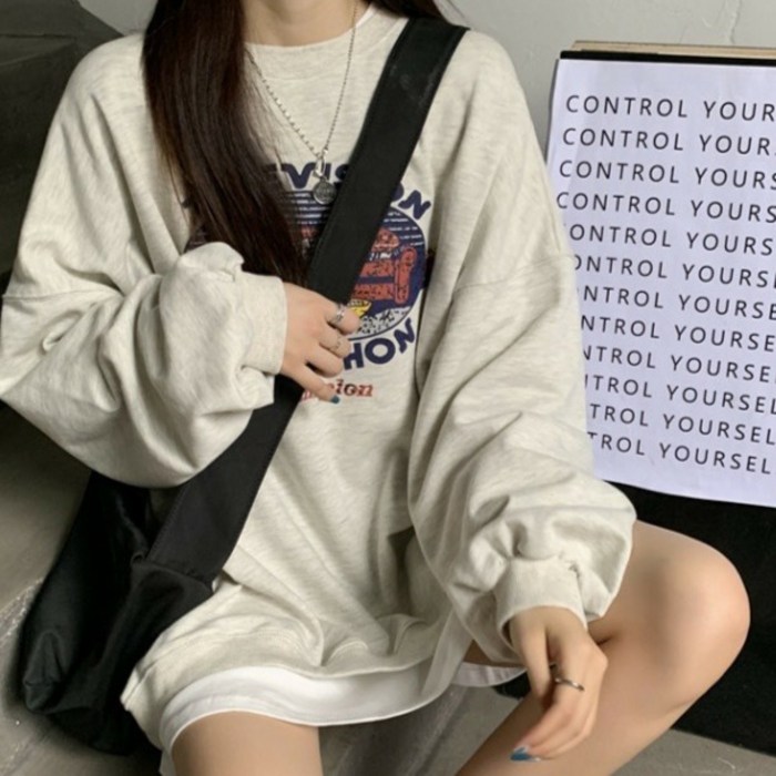 디멜디 여성용 빈티지 프린트 오버핏 캐주얼 봄 맨투맨