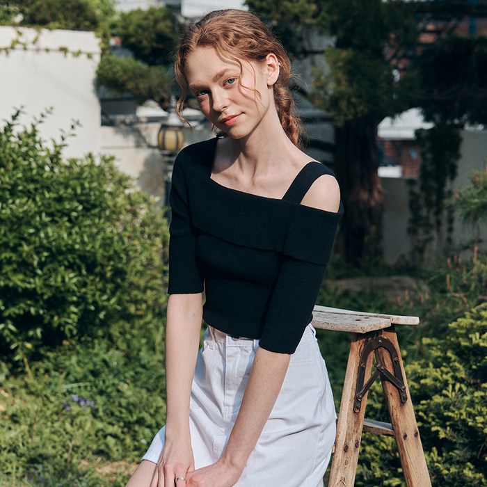 제로스트릿 여성용 반팔 솔리드 오프숄더 스웨터