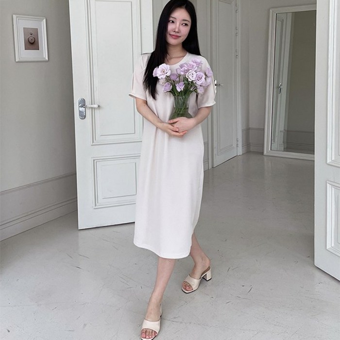 반팔 밑단배색 롱원피스 솔배색롱OPS