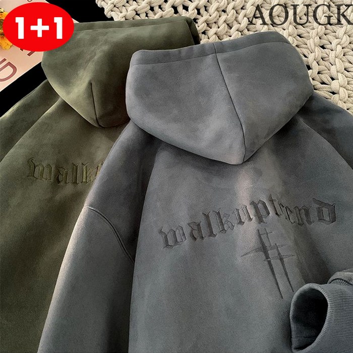 AOUGK 11 남성 스웨이드 후드 맨투맨 빅사이즈 롱 후드티 오버핏 긴팔 티셔츠 자수 코트 데일리