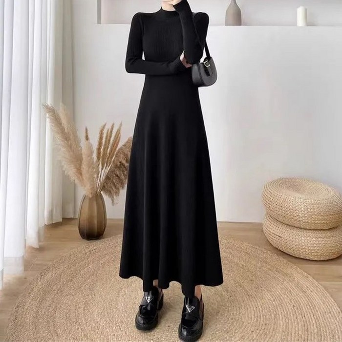여성 가을 겨울 프렌치 슬림핏 니트 롱 A라인원피스  코디 코트 이너 니트