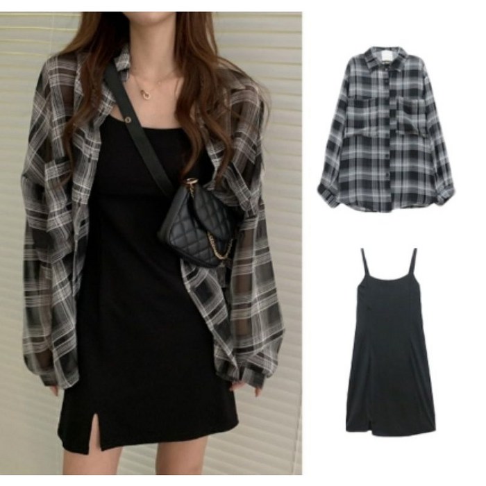 유니크유니스 끈나시 원피스 체크 셔츠 세트