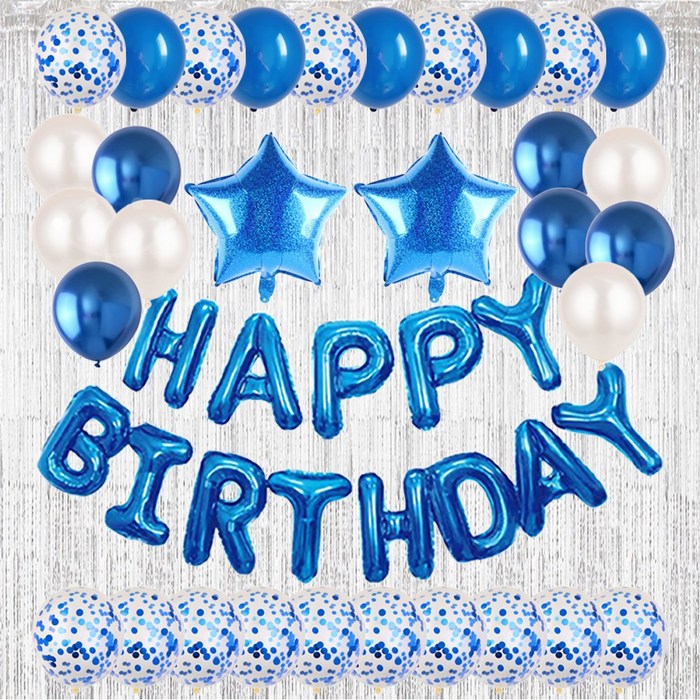 홀로그램 스타 생일축하 은박풍선 파티커튼 세트 에브리띵스마일 1214, 1세트, 블루 풍선 실버 커튼