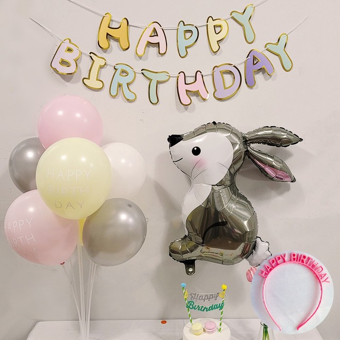 올리브파티 은박 아기토끼 마카롱 풍선 생일파티용품 핑크세트, 핑크