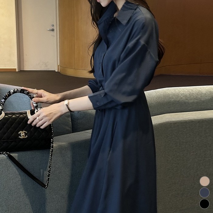 끌로이 여성 셔츠 롱 원피스 허리 스트랩 긴팔 봄 가을 하객룩 데이트룩 체형커버 여성스러운 고급 페미닌룩