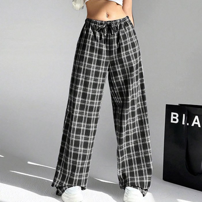 파라다이소 여성용 편안한 체크 와이드 데일리 밴딩 팬츠