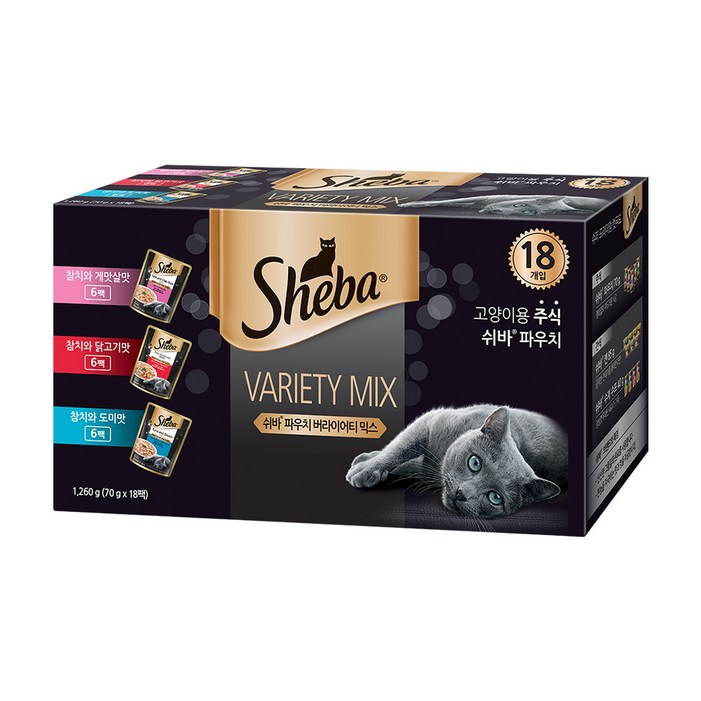 쉬바 전연령용 고양이 파우치 버라이티 믹스 주식파우치 3종 x 6p 세트, 참치, 1.26kg, 1세트 쉬바 전연령용 고양이 파우치 버라이티 믹스 주식파우치 3종 x 6p 세트, 참치, 1.26kg, 1세트