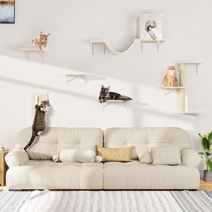 누누 랩 벽걸이 고양이 가구, 콘도 하우스, 브릿지, 스텝, 스크래처, 해먹, 놀이를 위한 실내 안전 및 안정적인 가구가 있는 6개의 벽 선반, 베이지색
