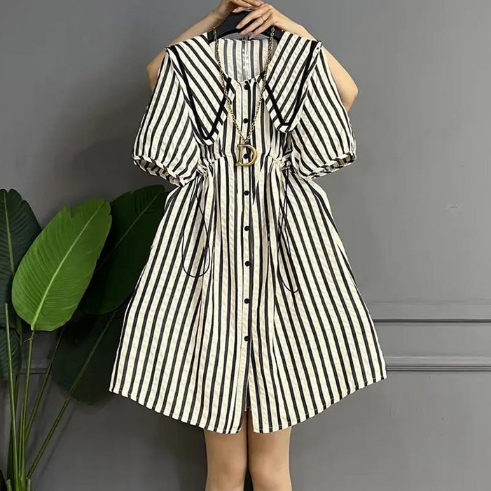 100kg까지 빅사이즈 여성 줄무늬 허리꼬임 숄카라 원피스 여름 편한 셔츠형 캐쥬얼 심플 우아한 스트링 이어붙이다 a라인 스커트 디자인 날씬해보이는 단추 주름 데일리 패션 원피스