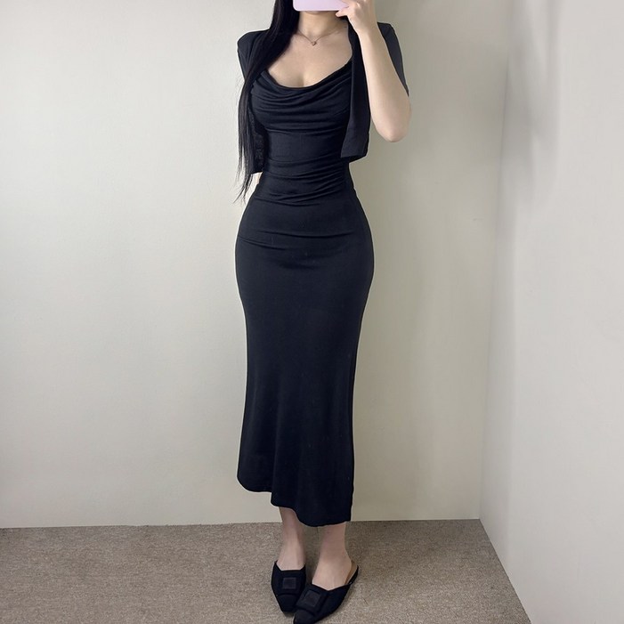 VANANA2 여성 글램핏 드레이프 롱 나시 원피스 반팔 가디건 투피스 세트